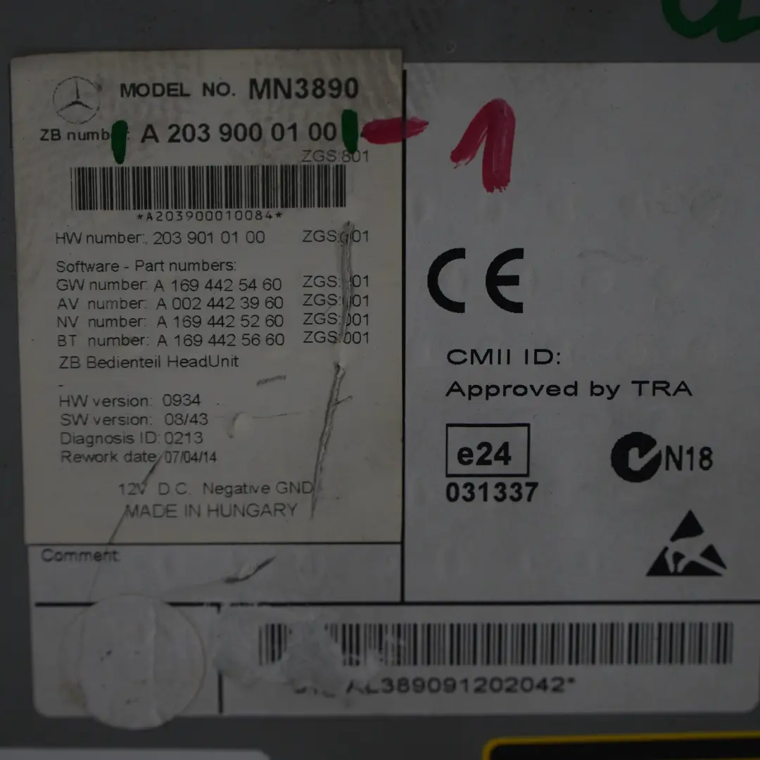  Head Unit Mercedes CL203 CLC CD Player Radio Audio Telephone Unit - SKU A2039000100-1 - Part number A2039000100