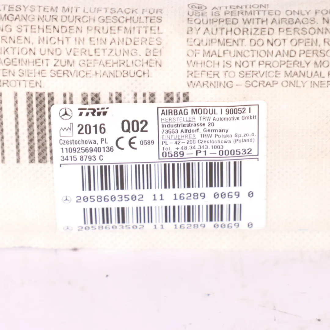 Mercedes A205 Convertible Cabrio Head Air Module Left N/S Side Door - SKU A2058603502 - Part number A2058603502