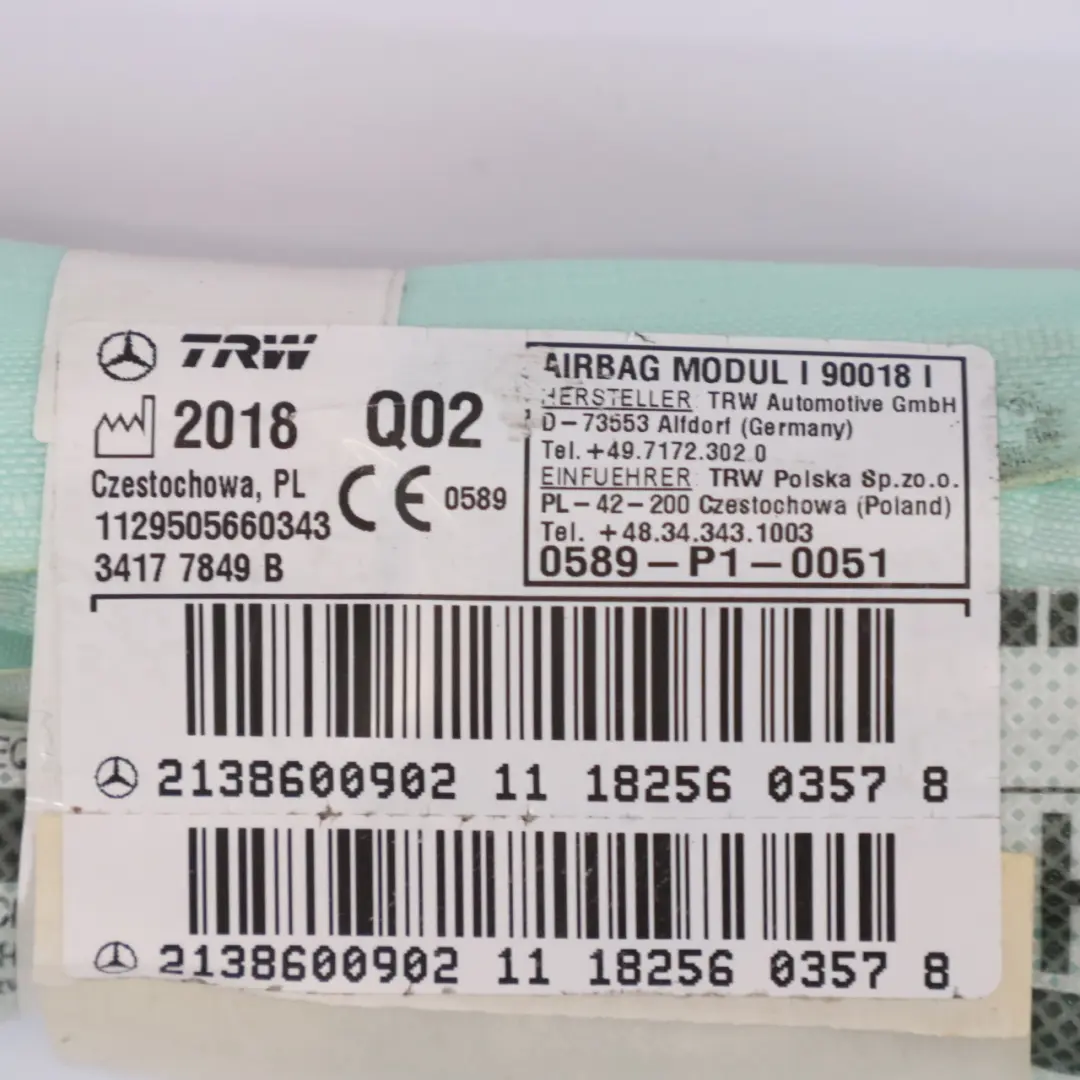 Mercedes W213 Modulo aria testa tetto laterale tendina sinistra - SKU A2138600902-1 - Numero di parte A2138600902