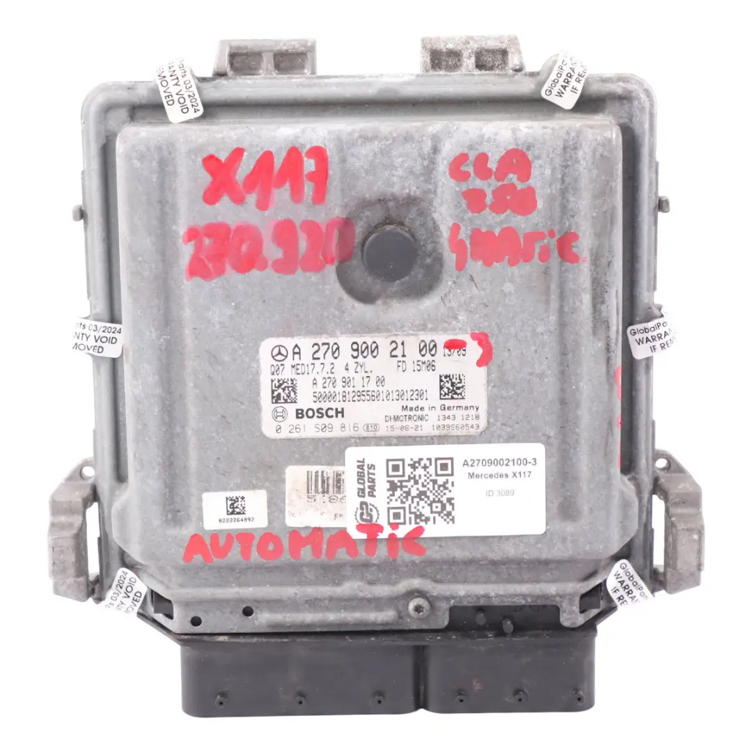 Mercedes X117 CLA 250 270.920 4-Matic Engine Control Unit Module - SKU A2709002100-3 - Part number A2709002100