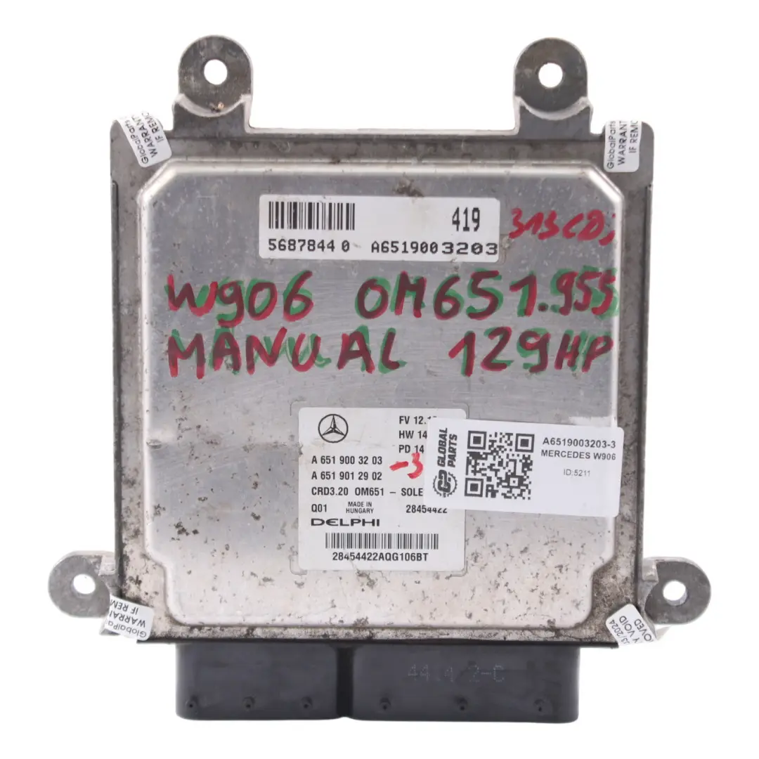 Mercedes W906 313 CDI OM651.955 129HP Diesel Engine ECU Kit Manual - SKU A6519003203-3 - Part number A6519003203