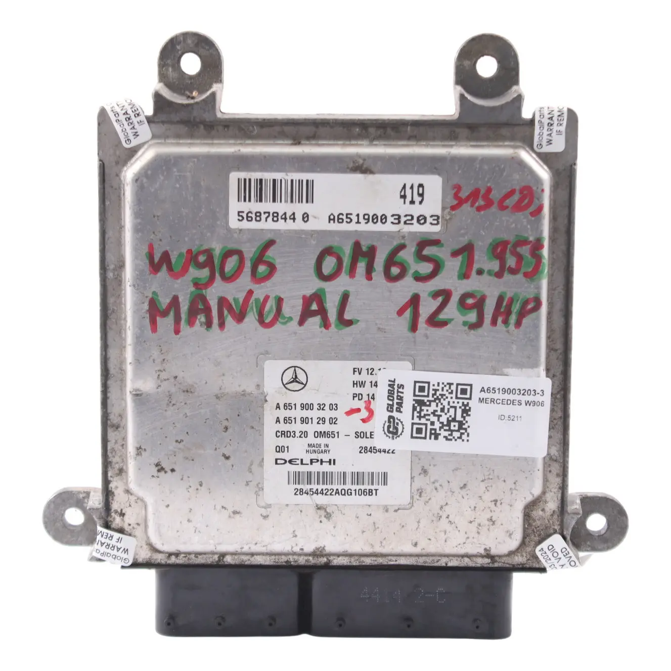 Mercedes W906 313 CDI OM651.955 129HP Kit ECU moteur diesel A6519003203 Manual