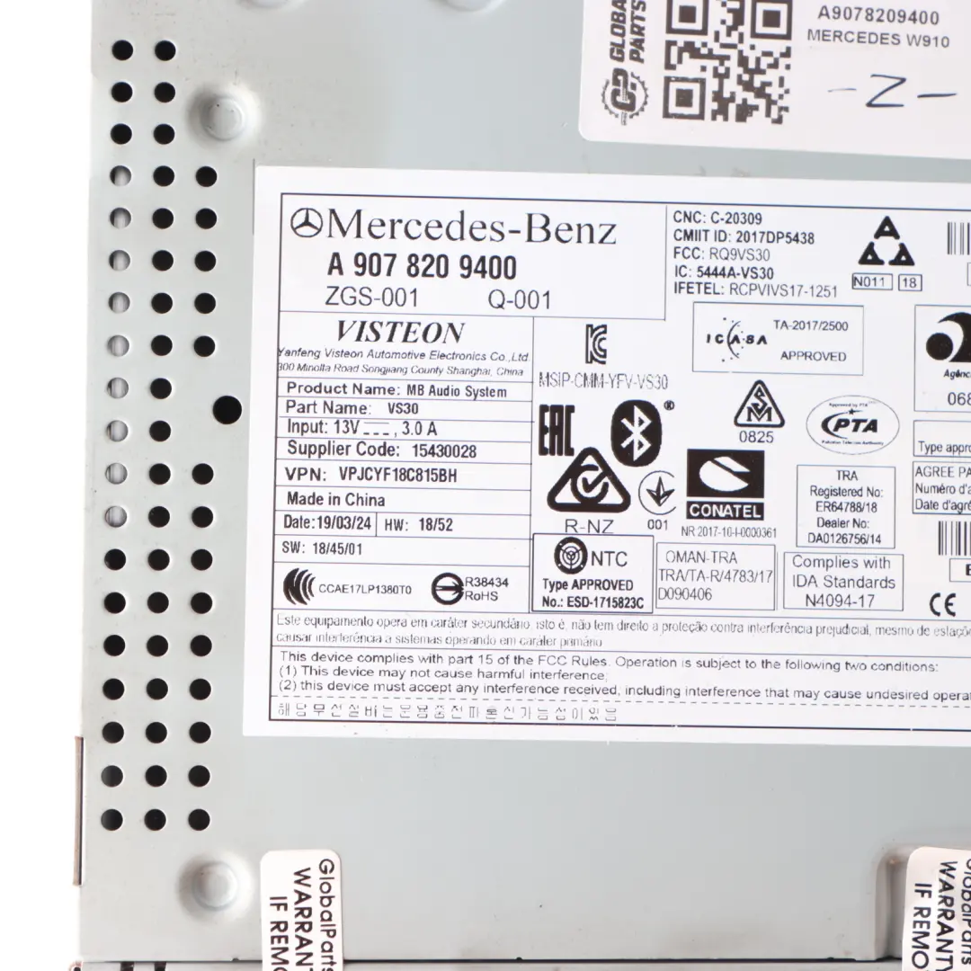 W907 W910 Radio Stereo Lettore Unità Principale per Mercedes Sprinter con numero di parte A9078209400 Mercedes Sprinter W907 W910 Radio Stereo Lettore Unità Principale - SKU A9078209400 - Numero di parte A9078209400