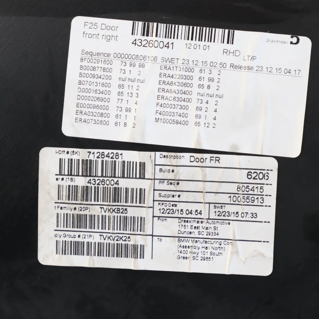 Door Card BMW X3 F25 Front Right O/S Trim Lining Cover Leather Nevada Black to with Part number 7394540 Door Card BMW X3 F25 Front Right O/S Trim Lining Cover Leather Nevada Black - SKU rhd-7394540-1 - Part number 7394540