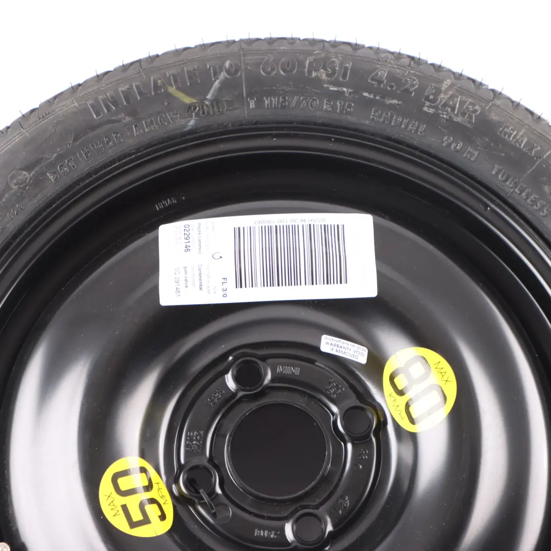 Emergency Spare Wheel Tyre 115/70 R15 to Mini Cooper R50 R56 Continental with Part number 1508367 Mini Cooper R50 R56 Continental Emergency Spare Wheel Tyre 115/70 R15 - SKU 1508367-1 - Part number 1508367