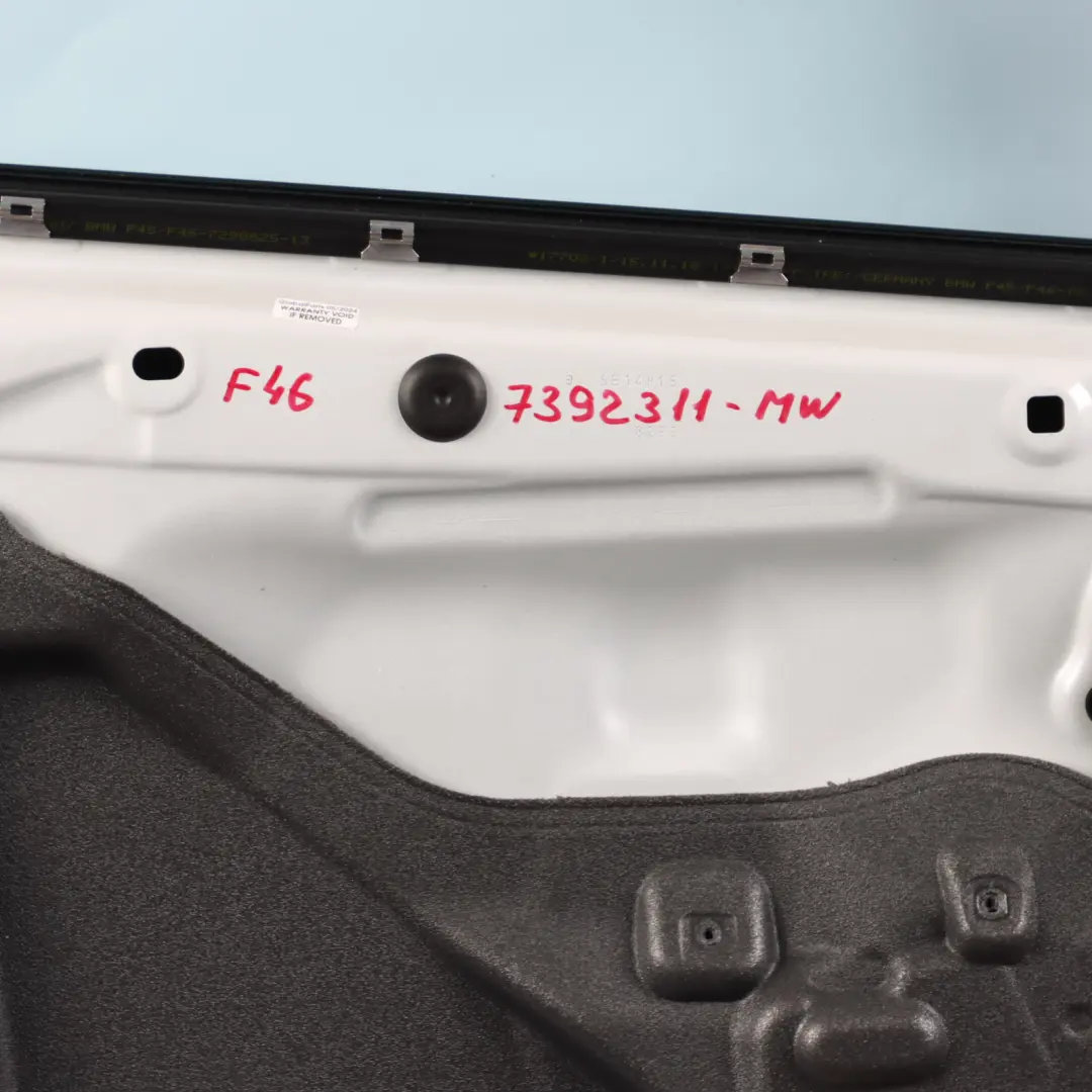 Door Front Left N/S Mineralweiss Mineral White - A96 to BMW F46 Gran Tourer with Part number 7392311 BMW F46 Gran Tourer Door Front Left N/S Mineralweiss Mineral White - A96 - SKU 7392311-MW - Part number 7392311
