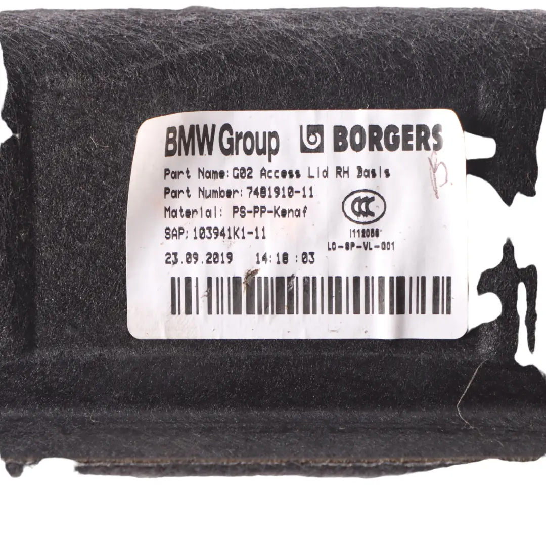 Copertura bagagliaio Pannello laterale Sportello destro bagagli per BMW G02 con numero di parte 7481910 BMW G02 Copertura bagagliaio Pannello laterale Sportello destro bagagli - SKU 7481910 - Numero di parte 7481910