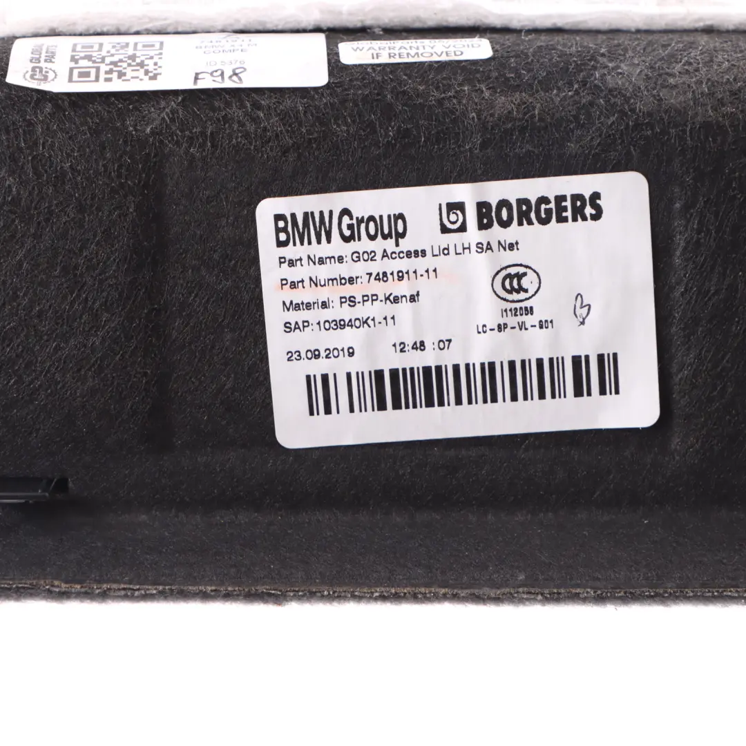 Maletero Cubremaletero Tapa Lateral Izquierda Maletero para BMW G02 con número de pieza 7481911 BMW G02 Maletero Cubremaletero Tapa Lateral Izquierda Maletero - SKU 7481911 - Número de pieza 7481911