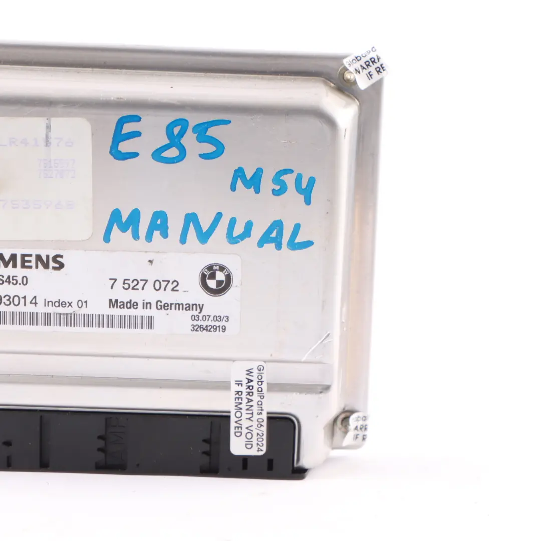 M54 192HP Engine ECU Control Unit Module DME Manual to BMW Z4 E85 2.5i with Part number 7527072 BMW Z4 E85 2.5i M54 192HP Engine ECU Control Unit Module DME Manual - SKU 7527072-8 - Part number 7527072