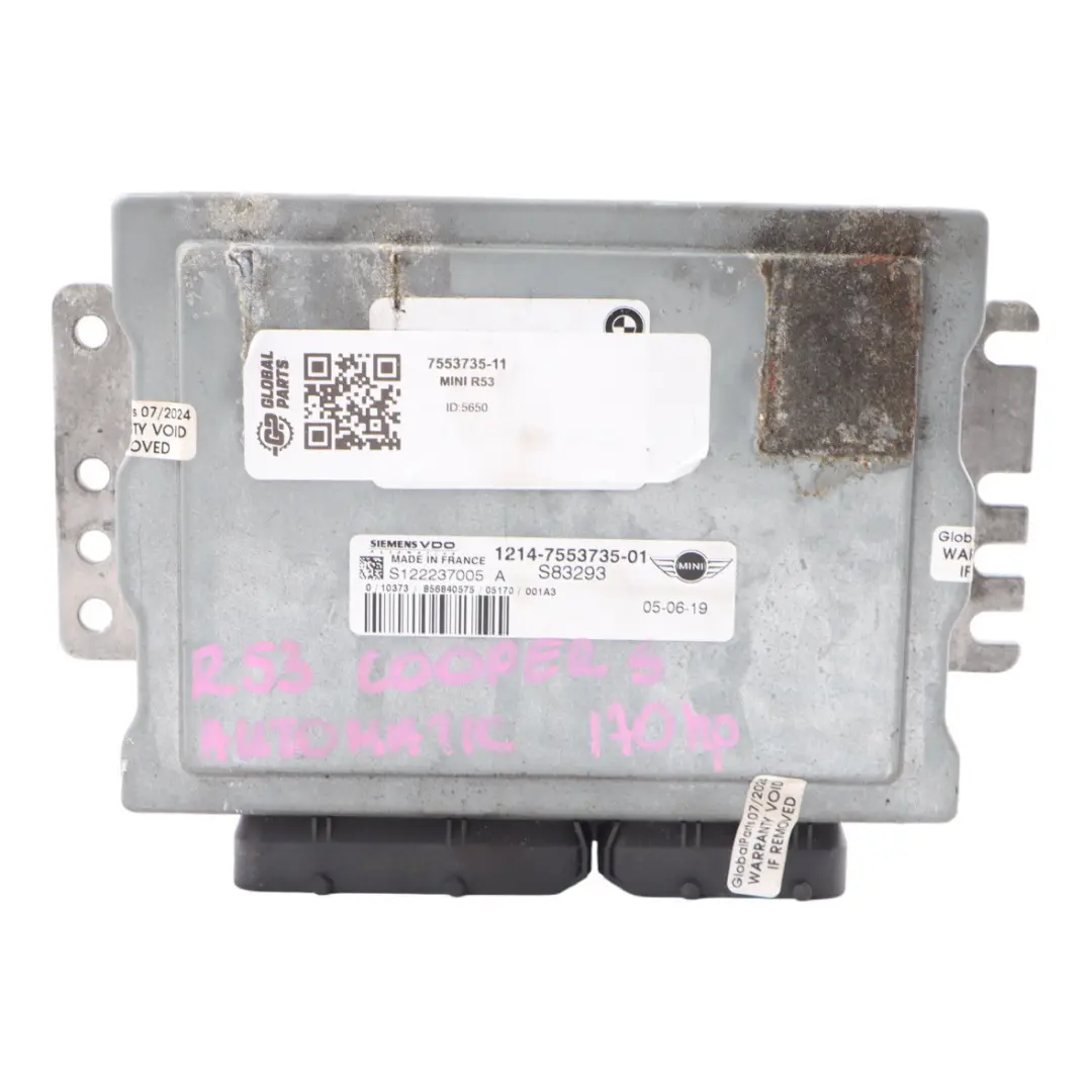 170HP Engine ECU Control Unit DME Automatic to Mini Cooper S R53 W11 with Part number 7553735 Mini Cooper S R53 W11 170HP Engine ECU Control Unit DME Automatic - SKU 7553735-11 - Part number 7553735