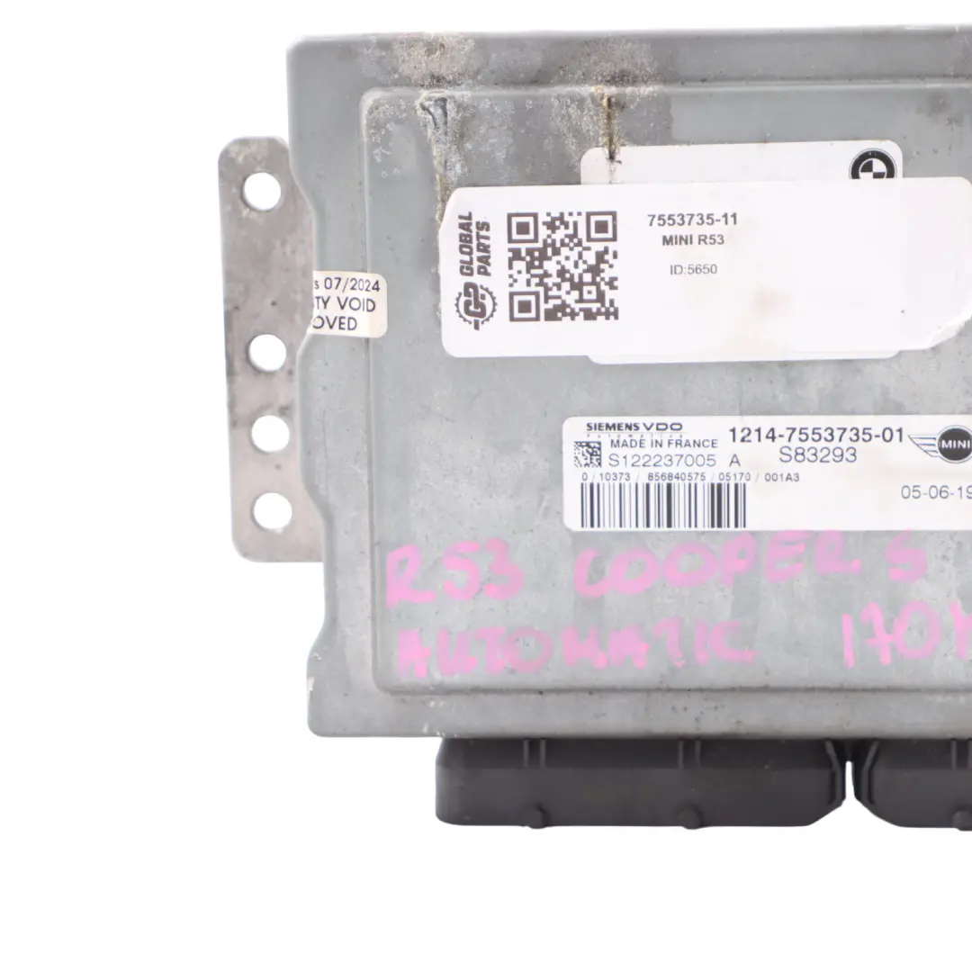 170HP Engine ECU Control Unit DME Automatic to Mini Cooper S R53 W11 with Part number 7553735 Mini Cooper S R53 W11 170HP Engine ECU Control Unit DME Automatic - SKU 7553735-11 - Part number 7553735