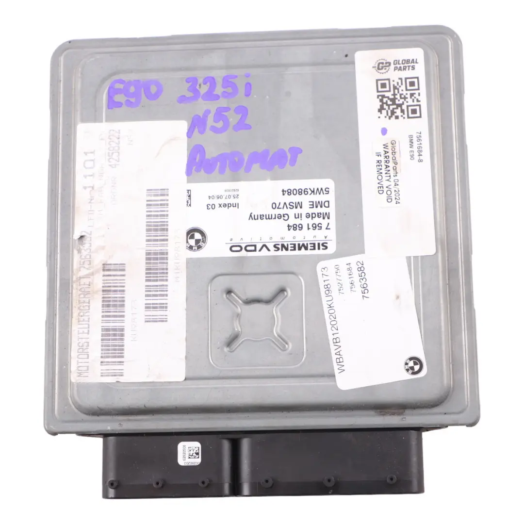 N52 218HP Engine ECU Control Unit DME Automatic to BMW E60 E90 325i 525i with Part number 7561684 BMW E60 E90 325i 525i N52 218HP Engine ECU Control Unit DME Automatic - SKU 7561684-8 - Part number 7561684