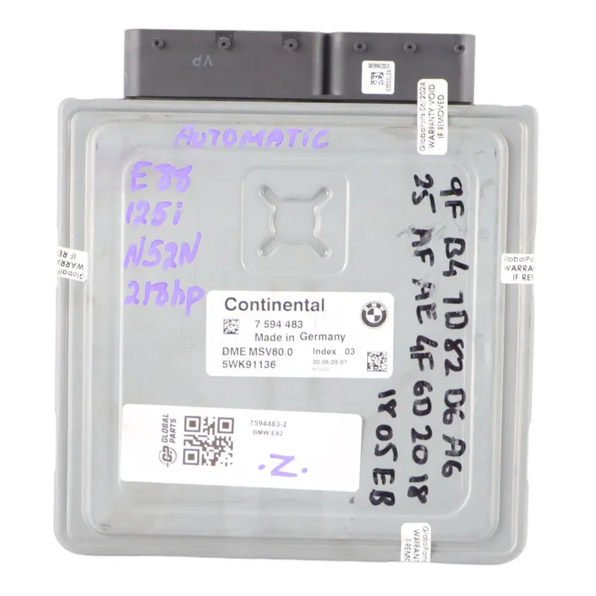 N52N 218HP Engine Control Unit Module ECU DME Automatic to BMW E82 E88 125i with Part number 7594483 BMW E82 E88 125i N52N 218HP Engine Control Unit Module ECU DME Automatic - SKU 7594483-2 - Part number 7594483