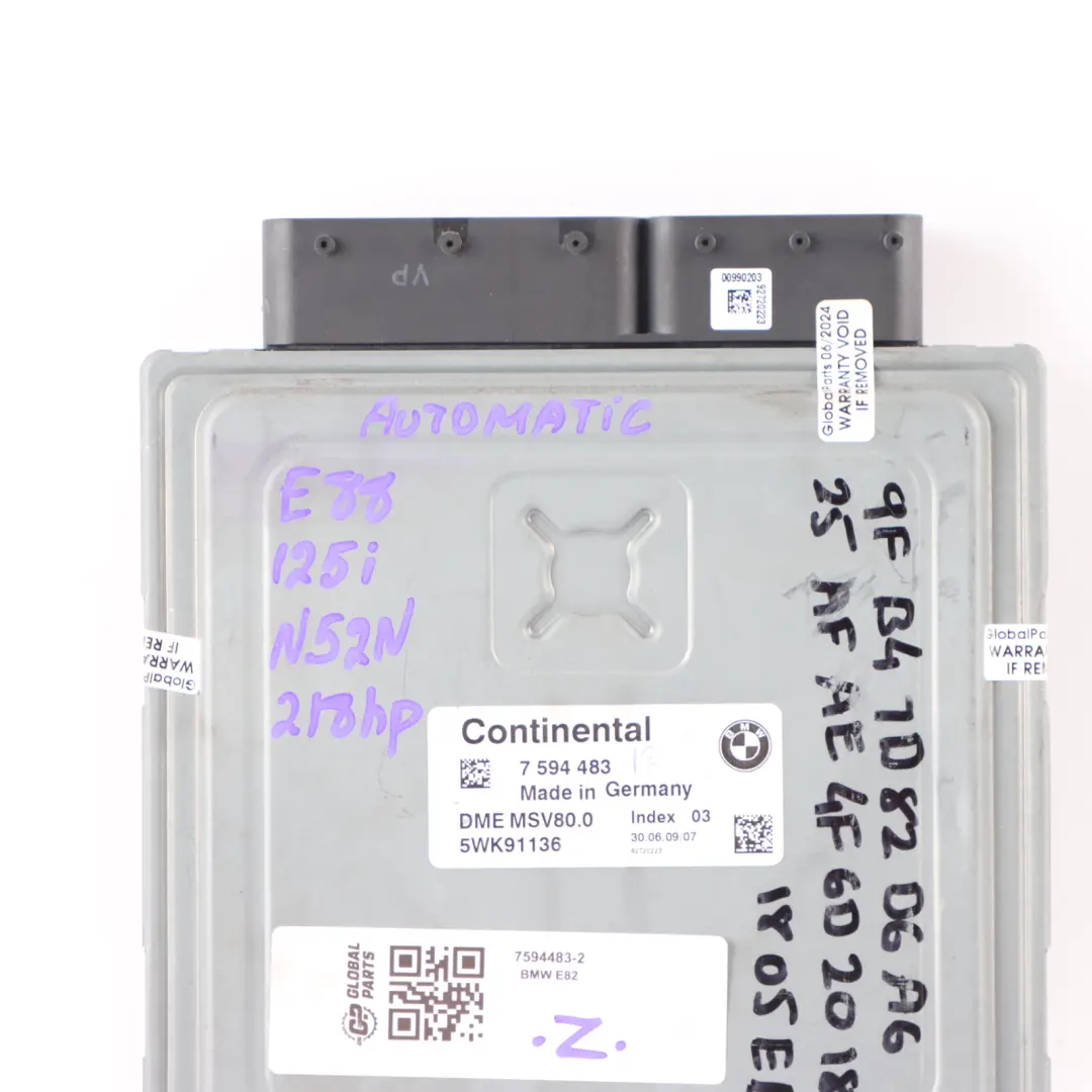 N52N 218HP Engine Control Unit Module ECU DME Automatic to BMW E82 E88 125i with Part number 7594483 BMW E82 E88 125i N52N 218HP Engine Control Unit Module ECU DME Automatic - SKU 7594483-2 - Part number 7594483