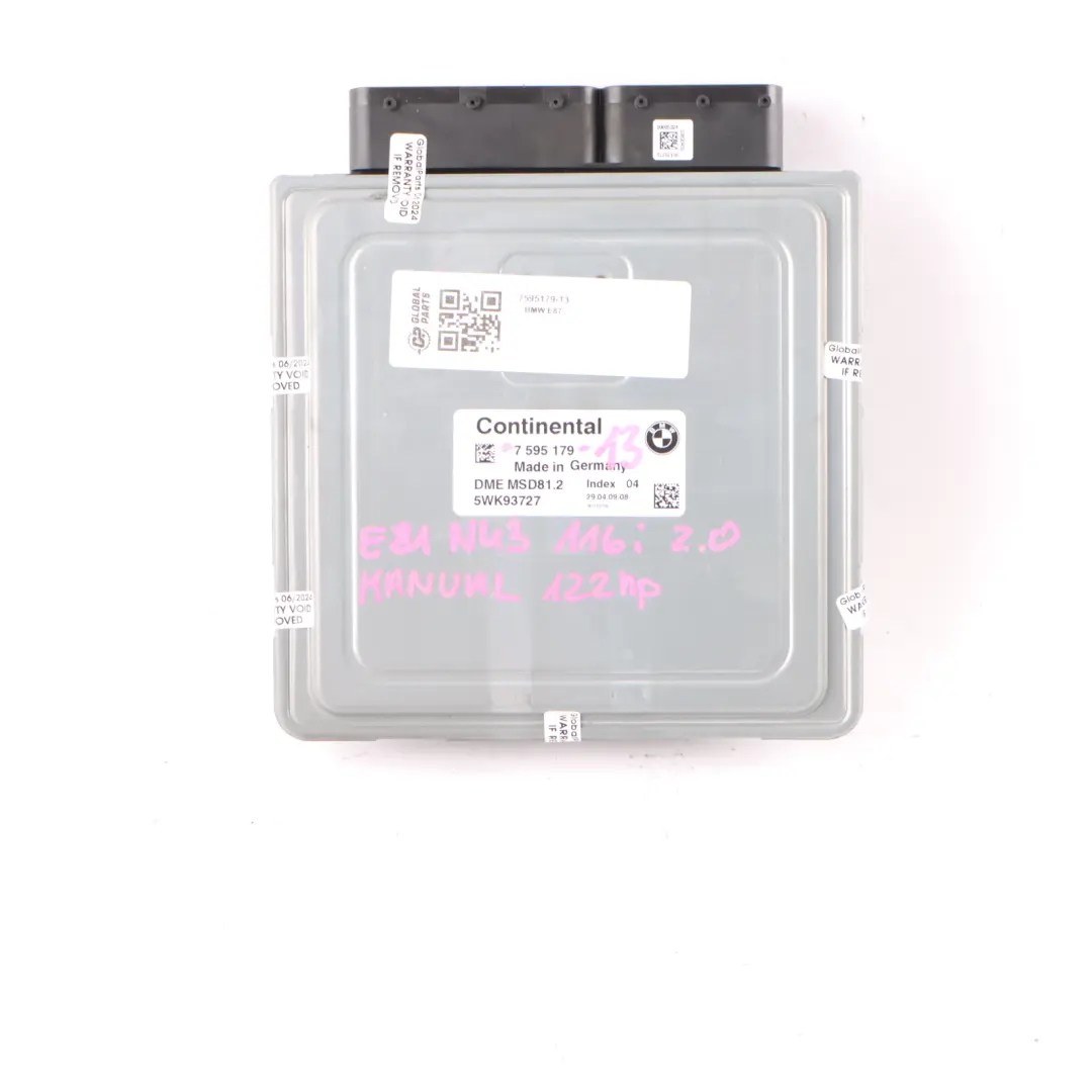 BMW E81 E87 LCI N43 116i 2.0 122HP Engine ECU Kit DME CAS3 Key Manual - SKU 7595179-13 - Part number 7595179