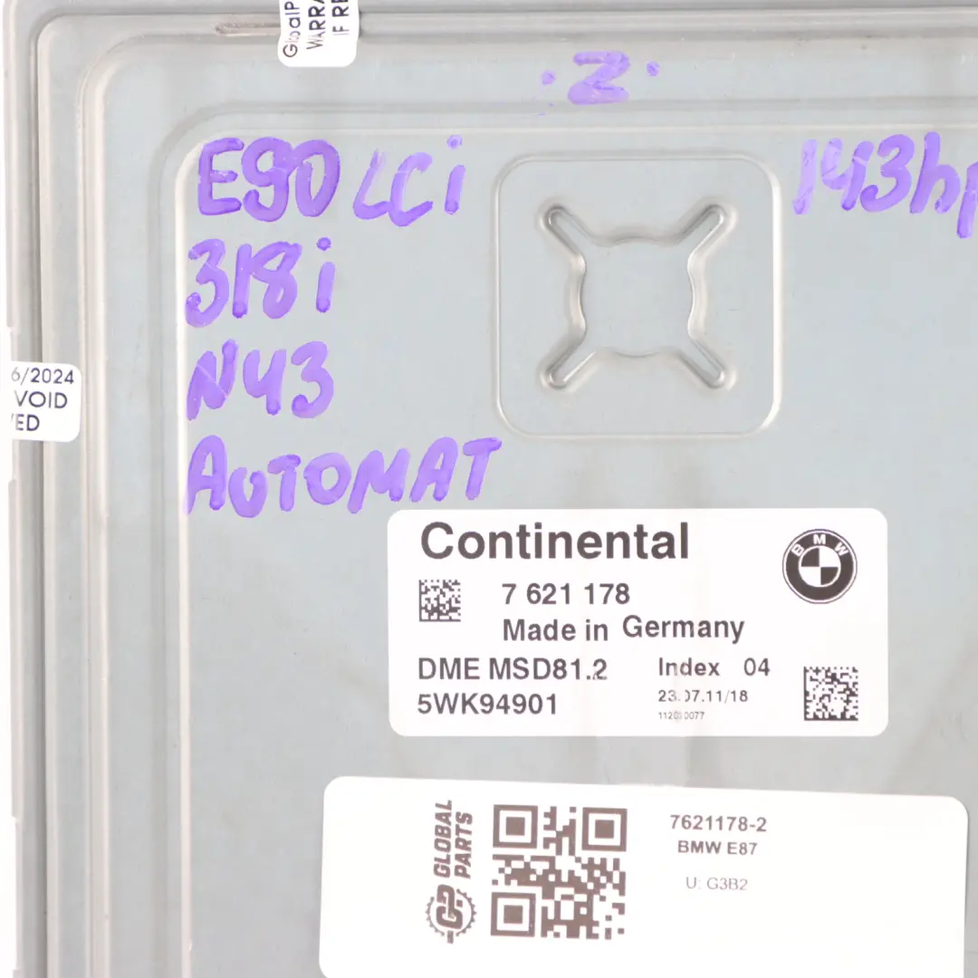 N43 118i 143HP ECU Steuergerät DME CAS3 Automatik für BMW E81 E87 LCI mit Teilenummer 7621178 BMW E81 E87 LCI N43 118i 143HP ECU Steuergerät DME CAS3 Automatik - SKU 7621178-2 - Teilenummer 7621178