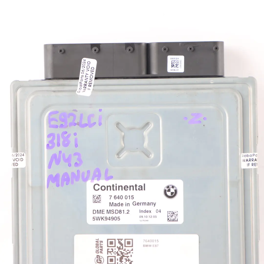 N43B20A 2.0 170HP Engine Control Unit DME ECU Manual to BMW E92 LCI with Part number 7640015 BMW E92 LCI N43B20A 2.0 170HP Engine Control Unit DME ECU Manual - SKU 7640015 - Part number 7640015