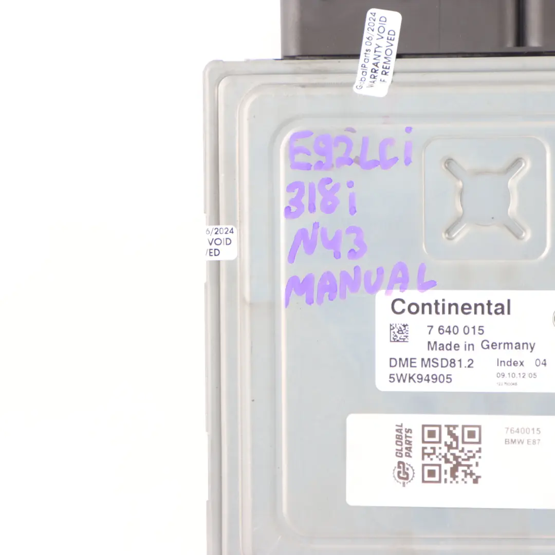 BMW E92 LCI N43B20A 2.0 170HP Engine Control Unit DME ECU Manual - SKU 7640015 - Part number 7640015