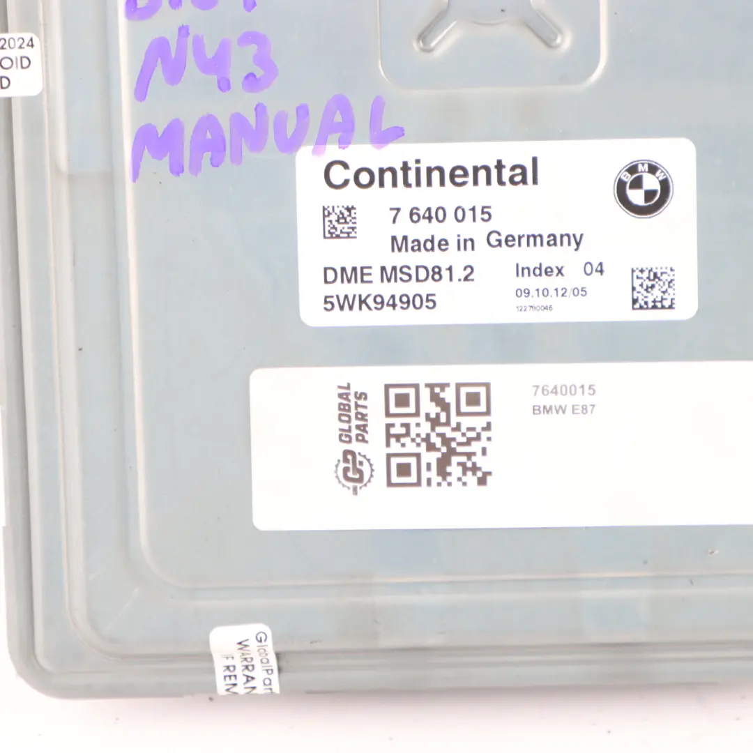 BMW E92 LCI N43B20A 2.0 170HP Engine Control Unit DME ECU Manual - SKU 7640015 - Part number 7640015