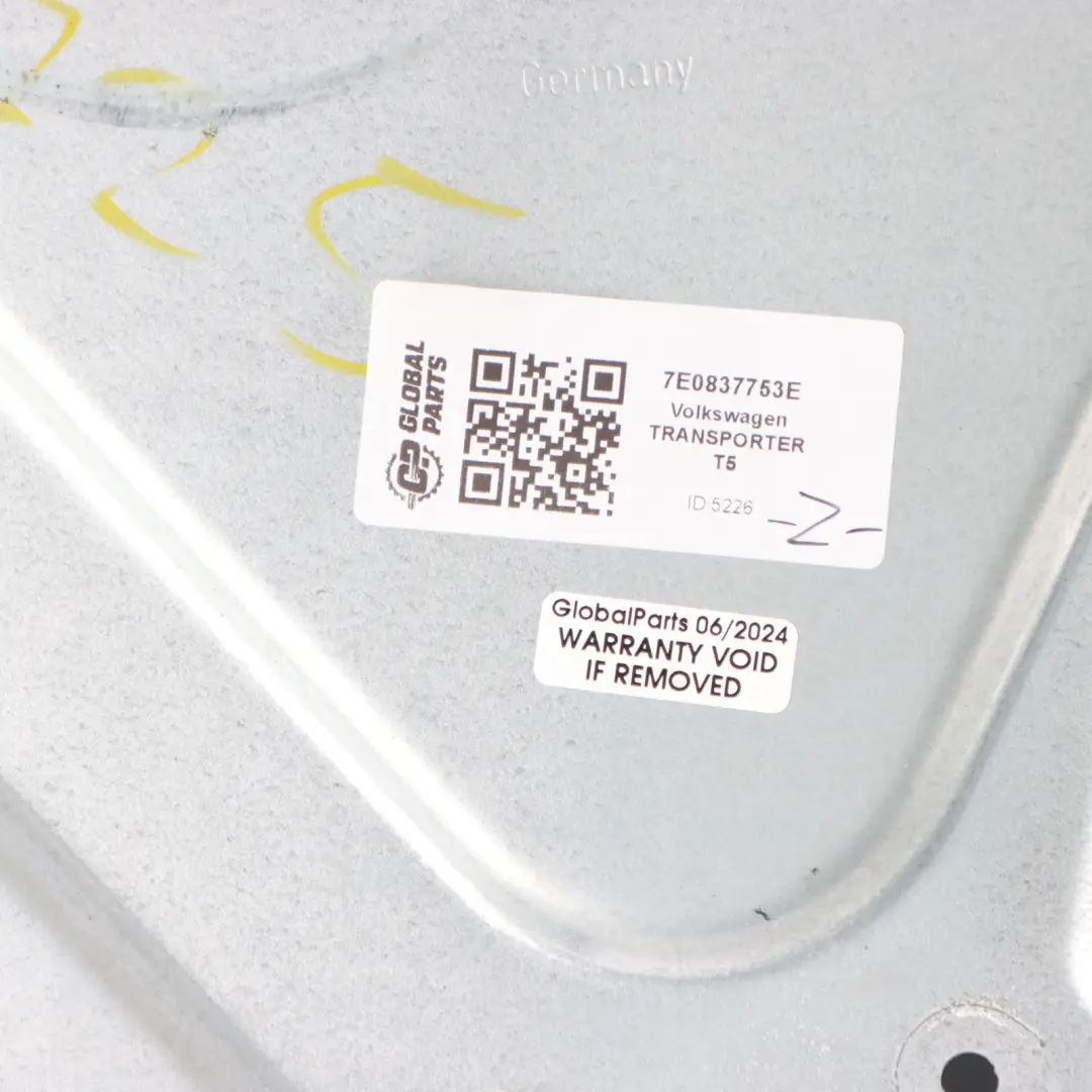 Front Door Left N/S Window Lifter Regulator to VW Transporter T5 with Part number 7E0837753E VW Transporter T5 Front Door Left N/S Window Lifter Regulator - SKU 7E0837753E - Part number 7E0837753E