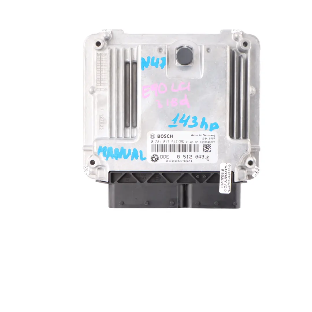 BMW 3 Series E90 E91 LCI 318d N47N ECU Kit DDE + CAS3 + Keys Manual - SKU 8512043-2 - Part number 8512043