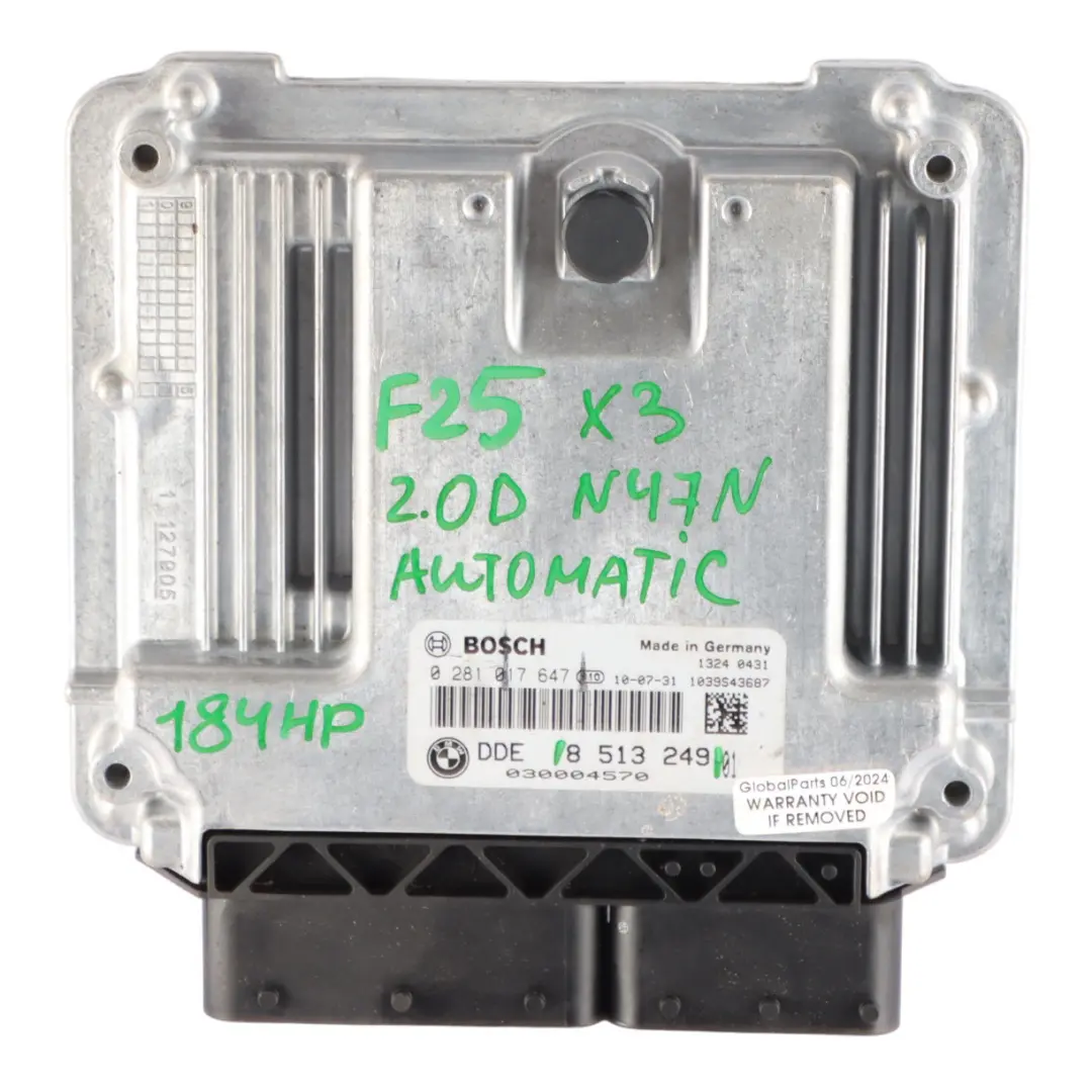 BMW X3 F25 20dX Module Moteur ECU DDE Diesel N47N 184 CV Automatique - SKU 8513249 - Numéro de pièce 8513249