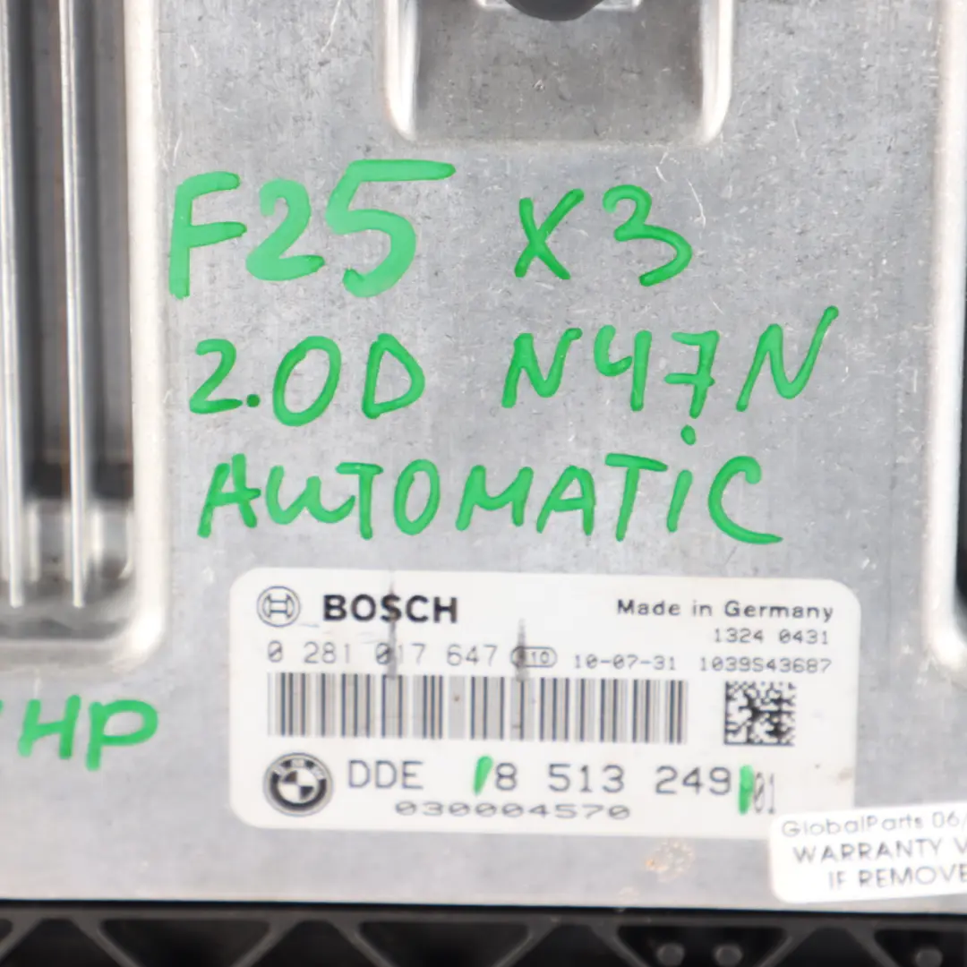 20dX Module Moteur ECU DDE Diesel N47N 184 CV Automatique pour BMW X3 F25 à propos du numéro de pièce 8513249 BMW X3 F25 20dX Module Moteur ECU DDE Diesel N47N 184 CV Automatique - SKU 8513249 - Numéro de pièce 8513249