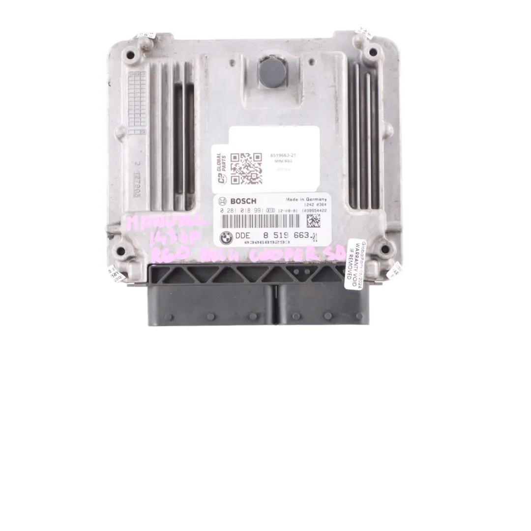 Mini Cooper SD R60 ALL4 N47N 143HP Engine ECU Kit DDE Manual CAS3 + Keys - SKU 8519663-21 - Part number 8519663