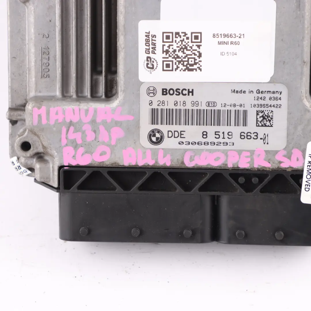 Mini Cooper SD R60 ALL4 N47N 143HP Engine ECU Kit DDE Manual CAS3 + Keys - SKU 8519663-21 - Part number 8519663