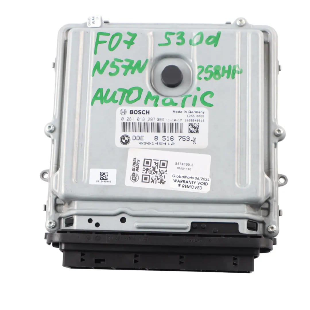 BMW F07 GT 530d N57N 258HP Kit ECU Control Motor DDE Automático - SKU 8574100-2 - Número de pieza 8574100