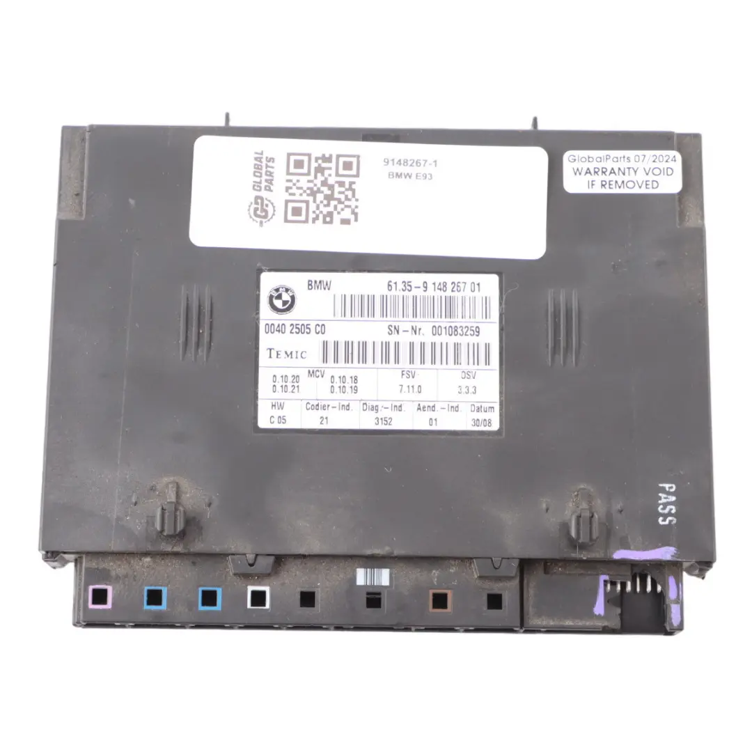 Control Unit Module FSV 7.11.0 to BMW 3 Series E93 Seat with Part number 9148267 BMW 3 Series E93 Seat Control Unit Module FSV 7.11.0 - SKU 9148267-1 - Part number 9148267