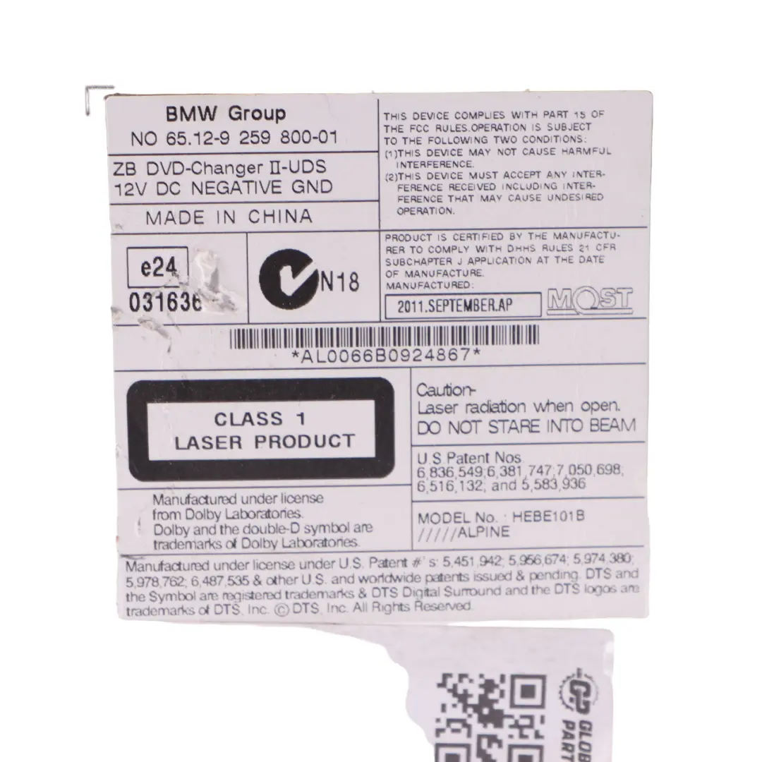 BMW F10 F12 F13 F20 F30 F06 Mini F55 Caricatore DVD Unità Controllo - SKU 9259800 - Numero di parte 9272356