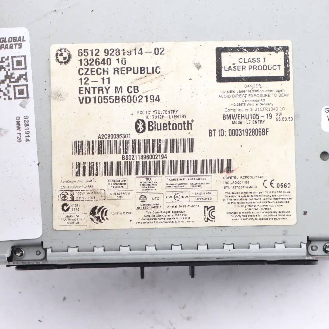 Radio Audio Professional Player Head Unit to BMW F20 with Part number 9281914 BMW F20 Radio Audio Professional Player Head Unit - SKU 9281914 - Part number 9281914