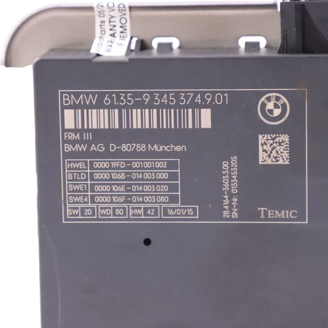 Light Control Footwell Module ECU Unit FRM3 to BMW F11 LCI with Part number 9345374 BMW F11 LCI Light Control Footwell Module ECU Unit FRM3 - SKU 9345374-1 - Part number 9345374