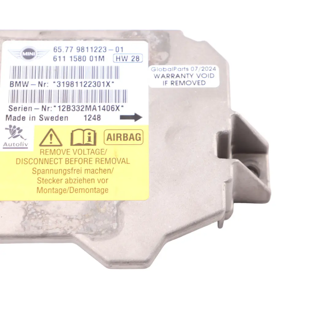 R57N LCI Airbag ECU Control Unit Module to Mini Cooper S Cabrio R57 with Part number 9811223 Mini Cooper S Cabrio R57 R57N LCI Airbag ECU Control Unit Module - SKU 9811223 - Part number 9811223