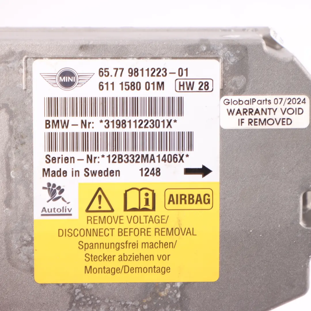 R57N LCI Airbag ECU Control Unit Module to Mini Cooper S Cabrio R57 with Part number 9811223 Mini Cooper S Cabrio R57 R57N LCI Airbag ECU Control Unit Module - SKU 9811223 - Part number 9811223