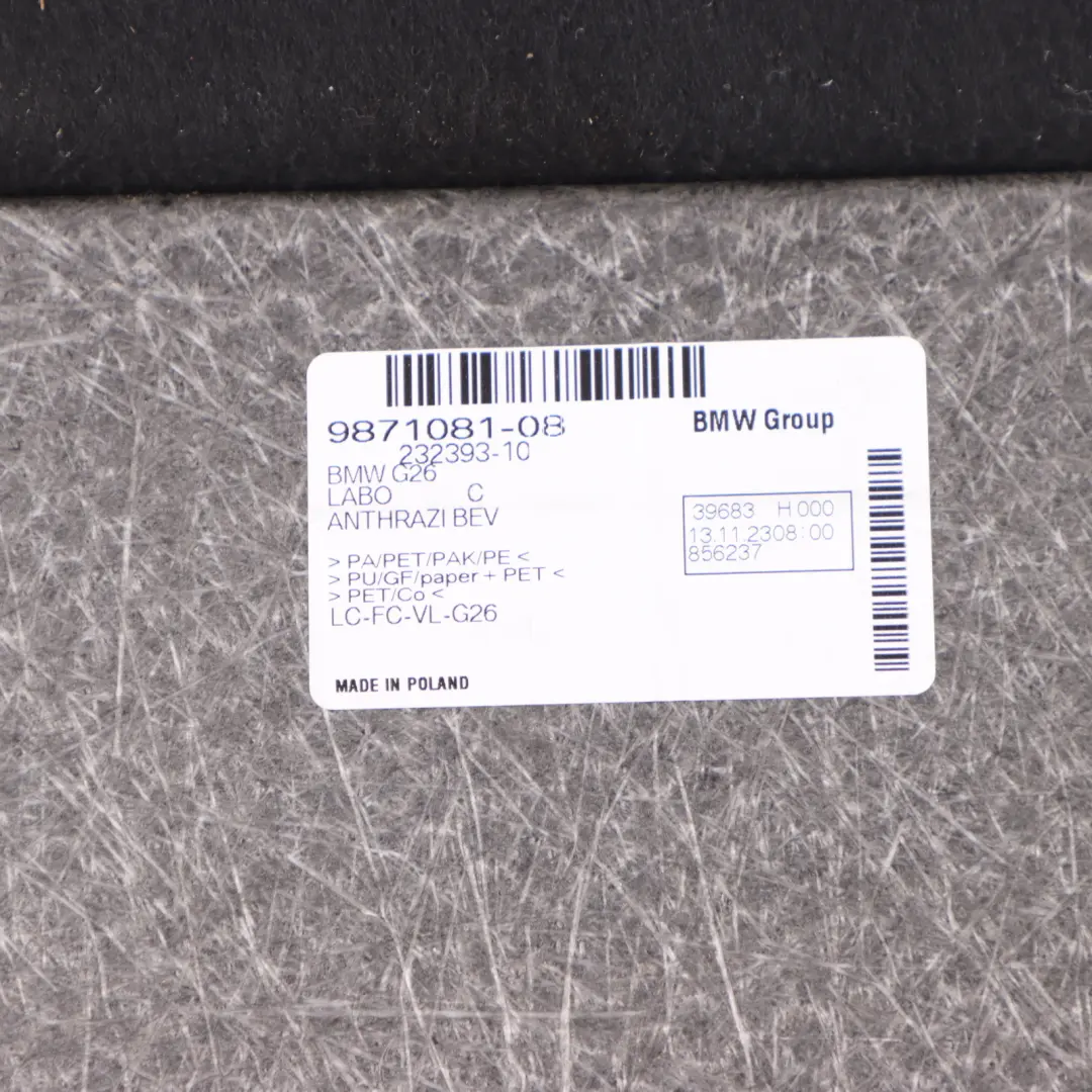 Trunk Floor BMW X4 G26 Boot Area Luggage Compartment Panel Carpet to with Part number 9871081 Trunk Floor BMW X4 G26 Boot Area Luggage Compartment Panel Carpet - SKU 9871081 - Part number 9871081