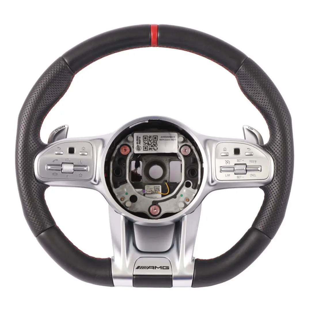 Steering Wheel Mercedes W213 C238 AMG Black Leather Paddle Shift Red Threads to with Part number A0004608513 Steering Wheel Mercedes W213 C238 AMG Black Leather Paddle Shift Red Threads - SKU A0004608513 - Part number A0004608513