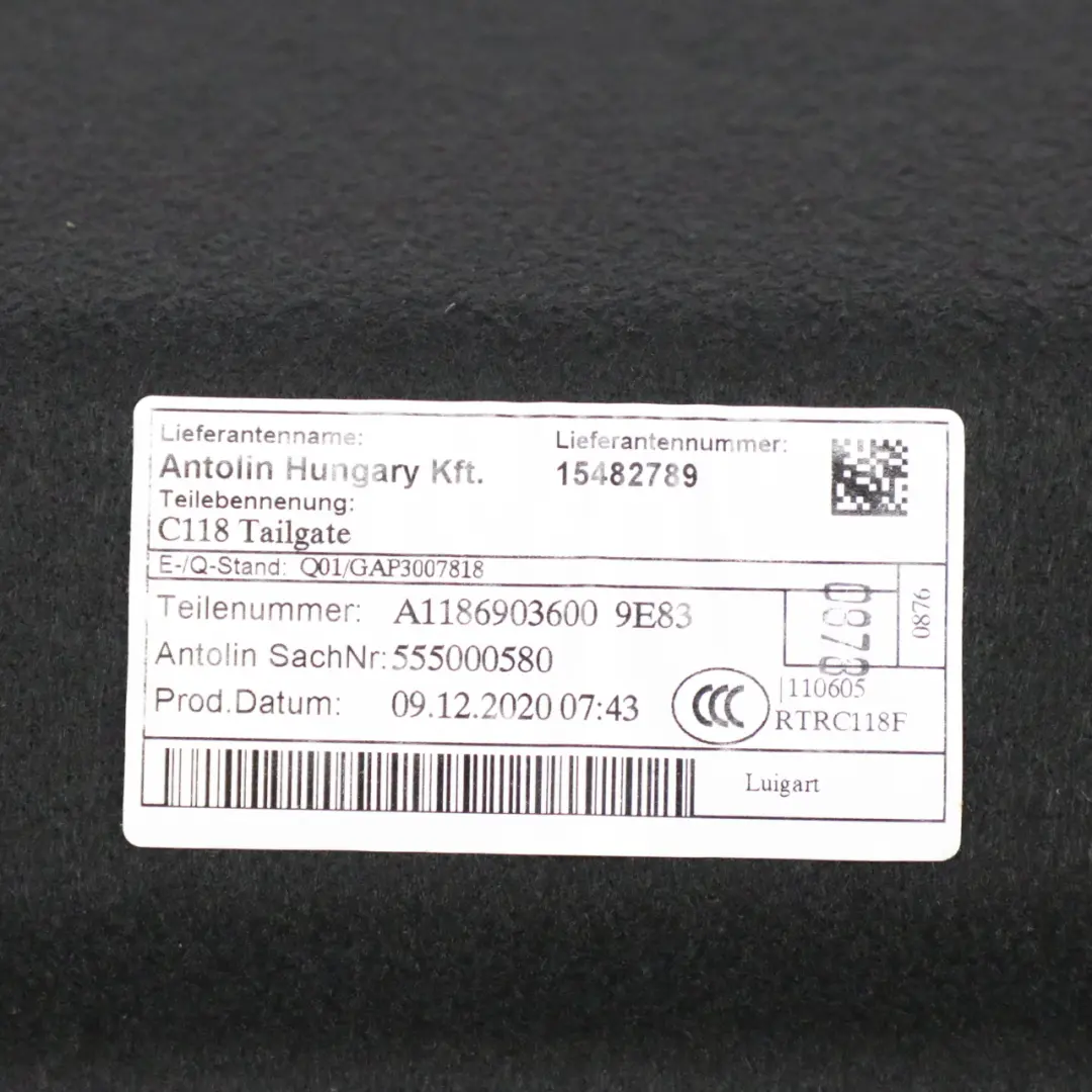 Coperchio bagagliaio Pannello rivestimento interno per Mercedes CLA C118 con numero di parte A1186903600 Mercedes CLA C118 Coperchio bagagliaio Pannello rivestimento interno - SKU A1186903600 - Numero di parte A1186903600