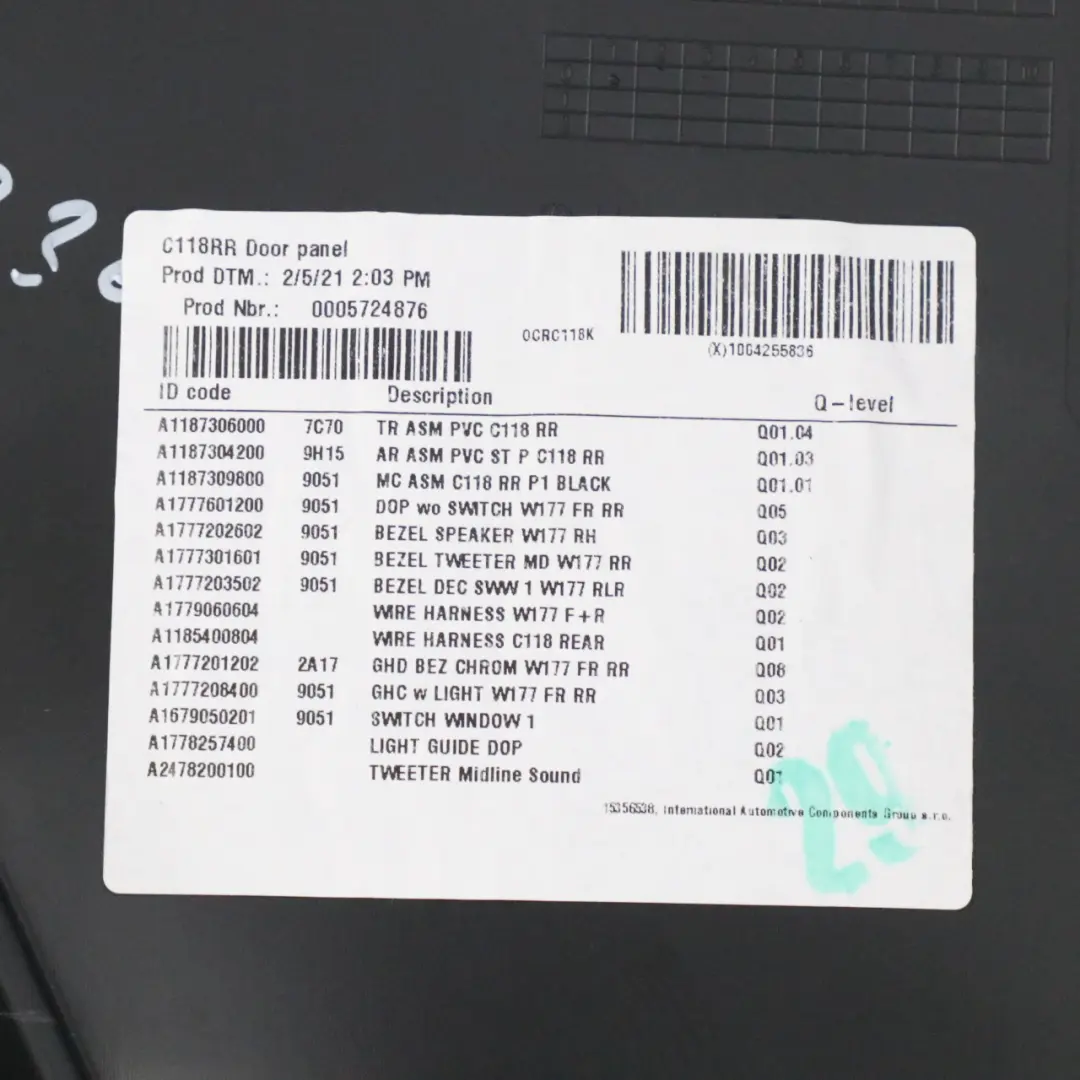Mercedes CLA C118 Door Card Rear Right O/S Trim Panel Cover Leather Black - SKU A1187309800 - Part number A1187309800