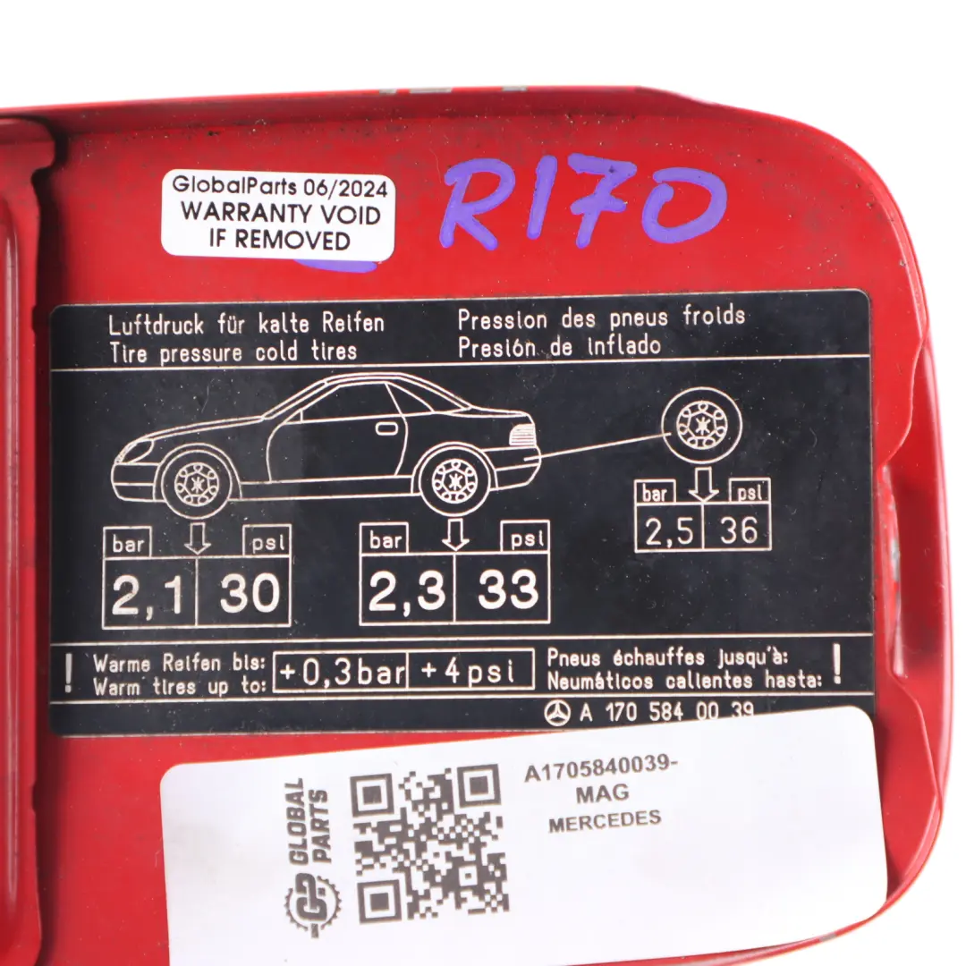 Flap Mercedes SLK R170 Fuel Filler Flap Cover Magma Red - 586 to Fuel with Part number A1707500106 Fuel Flap Mercedes SLK R170 Fuel Filler Flap Cover Magma Red - 586 - SKU A1705840039-MAG - Part number A1707500106