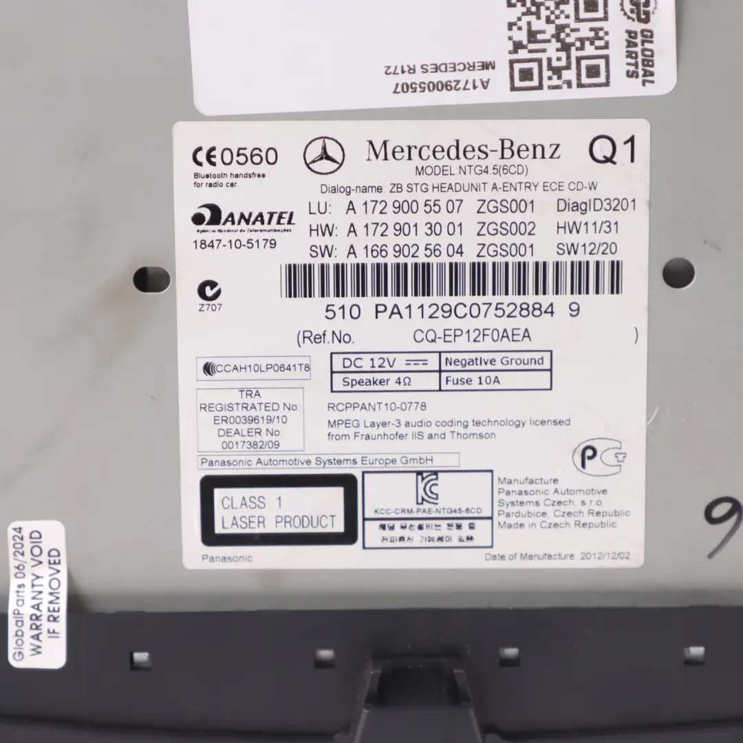 Mercedes R172 Head Unit Radio CD Player Audio - SKU A1729005507 - Part number A1729005507