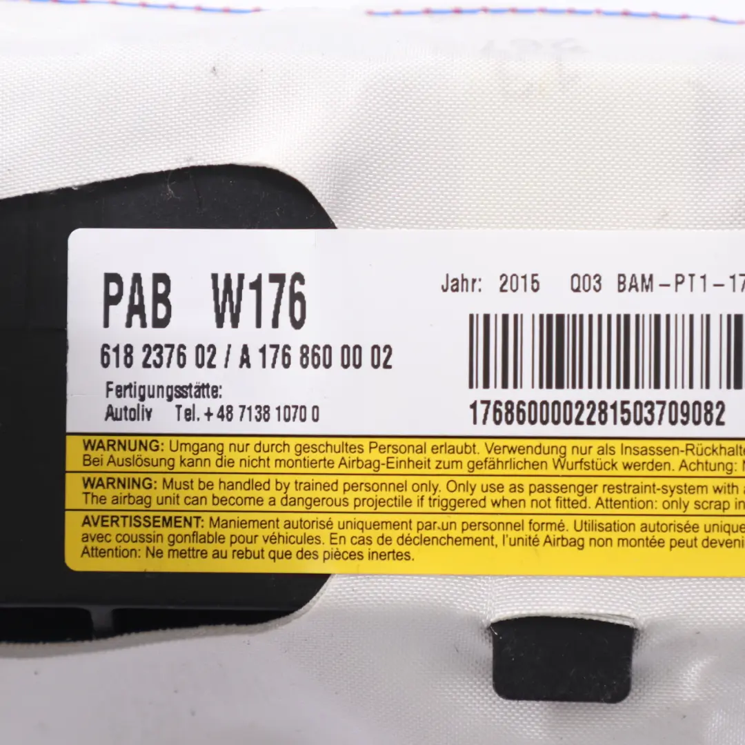 Dashboard Airbag Mercedes W176 A-Class Passenger Side Front Unit to with Part number A1768600002 Dashboard Airbag Mercedes W176 A-Class Passenger Side Front Unit - SKU A1768600002-1 - Part number A1768600002