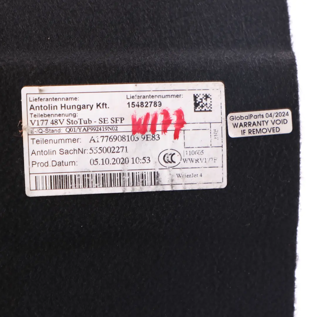 Boot Trunk Floor Carpet Mat Panel Liner Cover to Mercedes V177 with Part number A1776908103 Mercedes V177 Boot Trunk Floor Carpet Mat Panel Liner Cover - SKU A1776908103 - Part number A1776908103