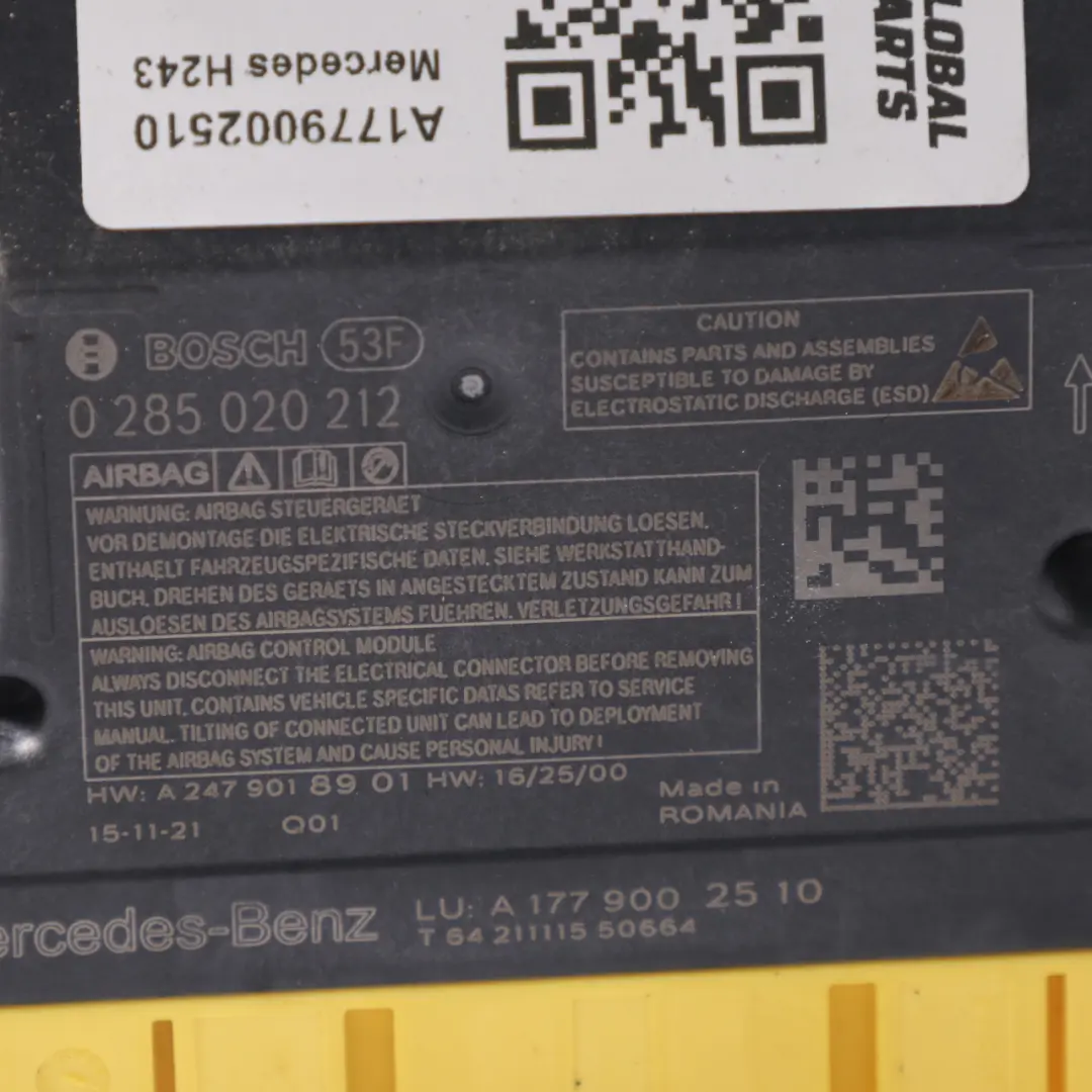 Sicherheitsmodul Airbag SRS Steuergerät ECU für Mercedes W177 W247 mit Teilenummer A1779002510 Mercedes W177 W247 Sicherheitsmodul Airbag SRS Steuergerät ECU - SKU A1779002510 - Teilenummer A1779002510