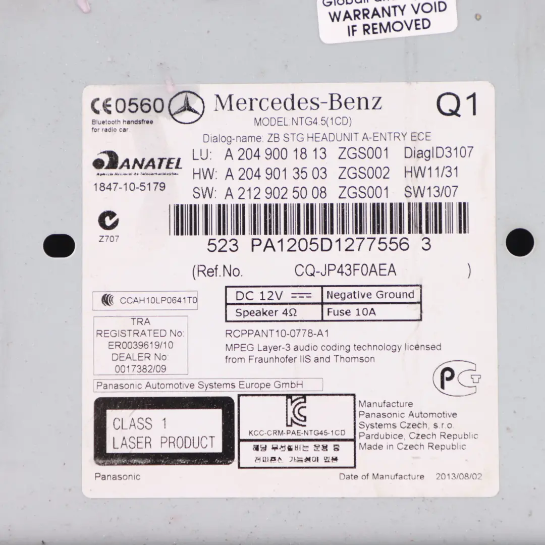 Mercedes W204 Odtwarzacz CD Radio Stereo Sat Nav Jednostka - SKU A2049001813-1 - Numer Części A2049001813
