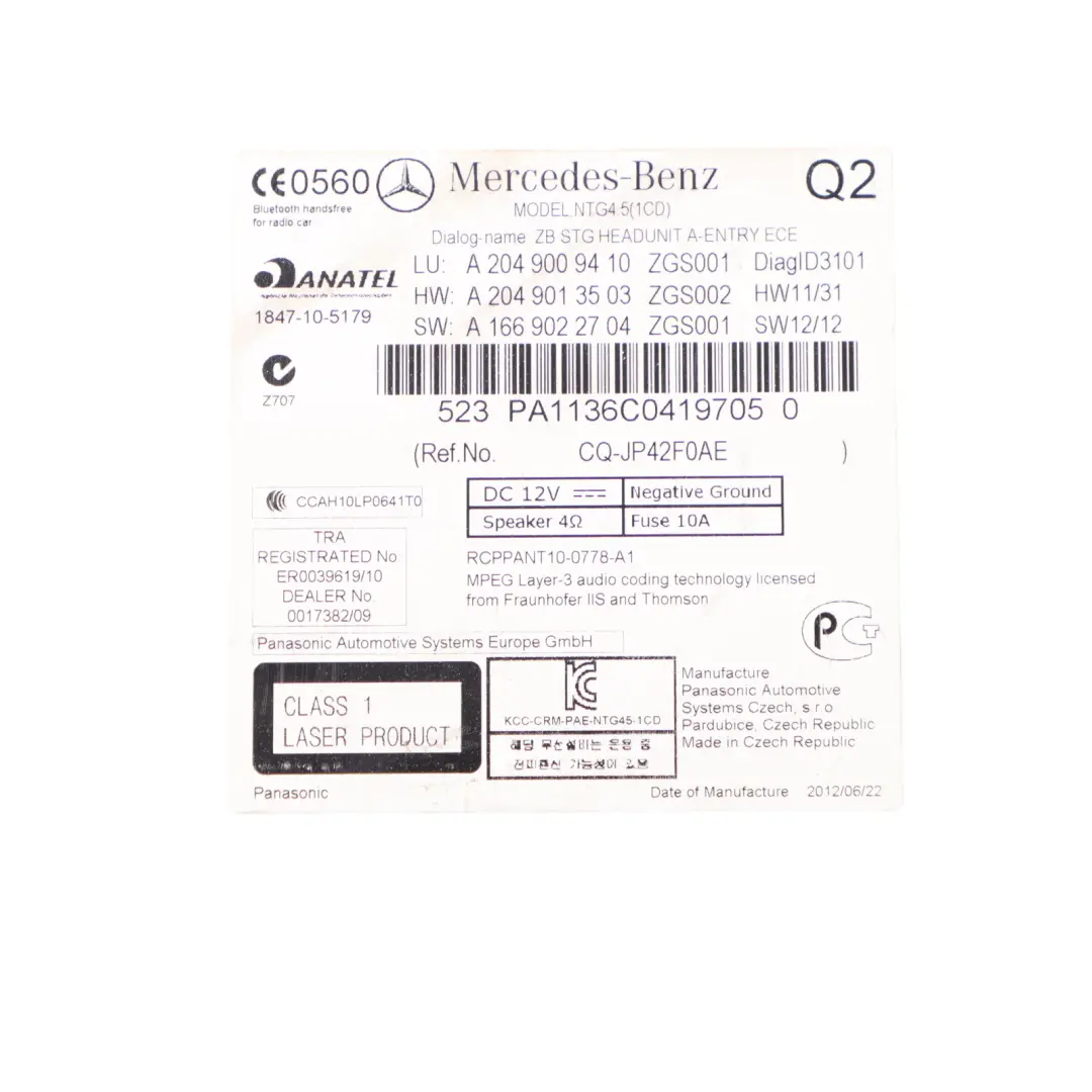 Mercedes W204 Autoradio Stéréo Avec Lecteur CD Navigation Satellite - SKU A2049009410-1 - Numéro de pièce A2049009410