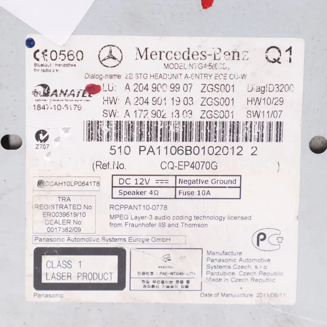 Navegación Radio Reproductor Cabezal Unidad principal para Mercedes W204 con número de pieza A2049009907 Mercedes W204 Navegación Radio Reproductor Cabezal Unidad principal - SKU A2049009907-2 - Número de pieza A2049009907