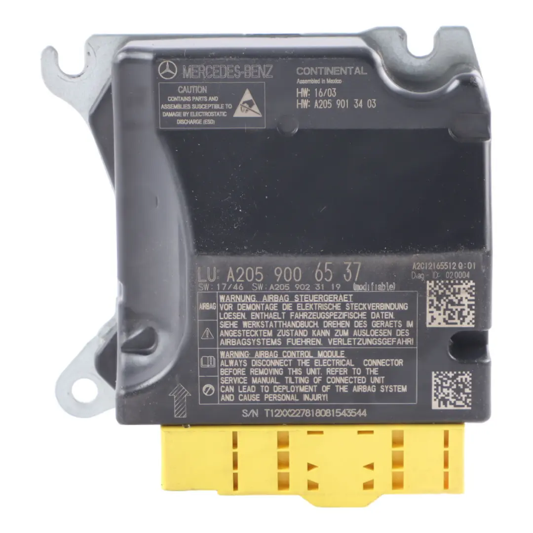 SRS Steuermodul ECU für Mercedes C205 Coupe Air mit Teilenummer A2059006537 Mercedes C205 Coupe Air SRS Steuermodul ECU - SKU A2059006537 - Teilenummer A2059006537