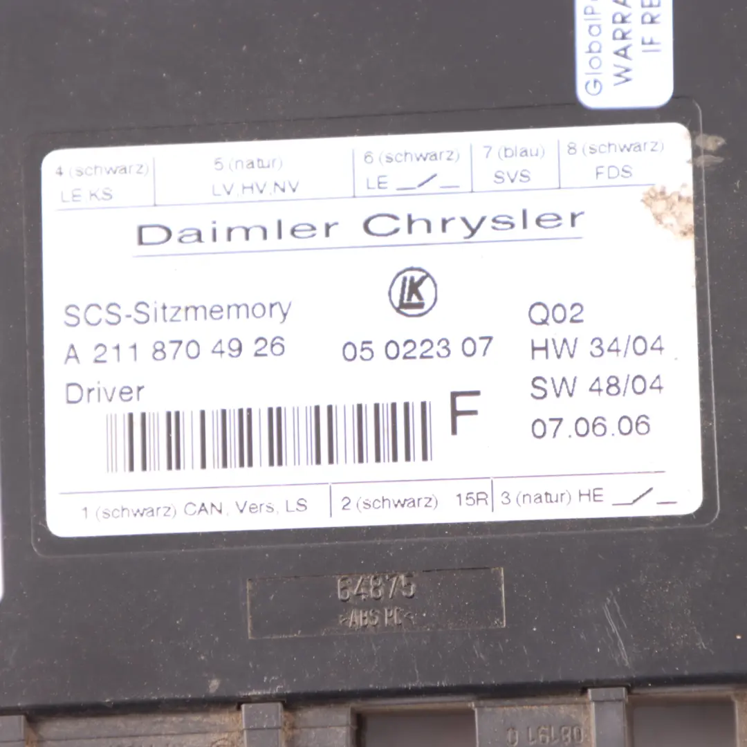 Mercedes W164 W203 W211 C219 Front Seat Module Memory Control Unit - SKU A2118704926-1 - Part number A2118704926